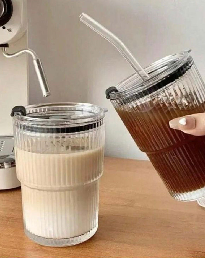 Ribbed Glass Tumbler with Lid & Straw