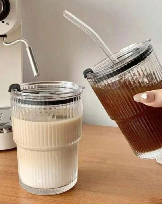 Ribbed Glass Tumbler with Lid & Straw